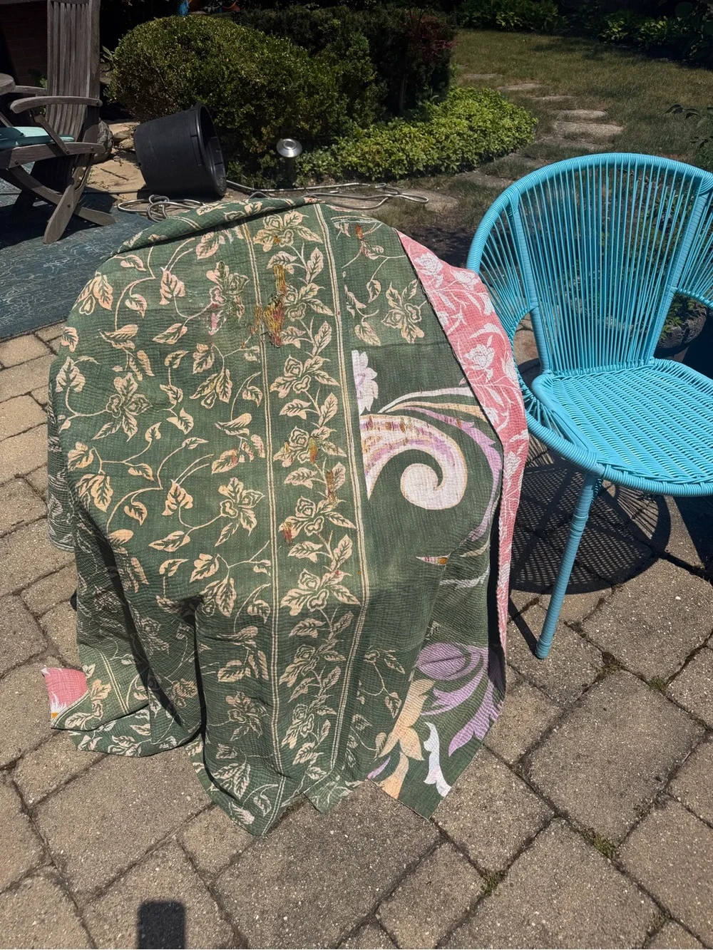 Green Floral Kantha Throw with Pink & Cream Accents